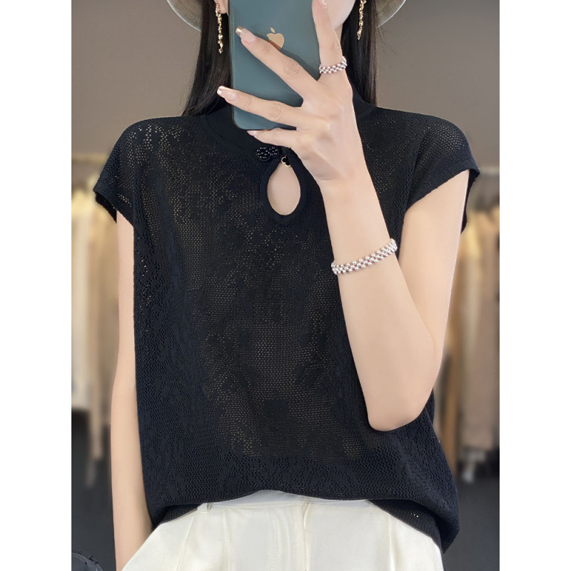 复古镂空提花薄款短袖T恤女夏季新款中国风盘扣旗袍领短袖女