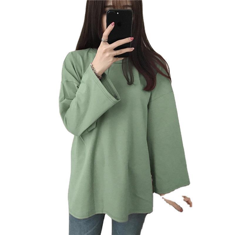 女装秋冬韩版新款纯色圆领长袖T恤女宽松百搭打底衫上衣