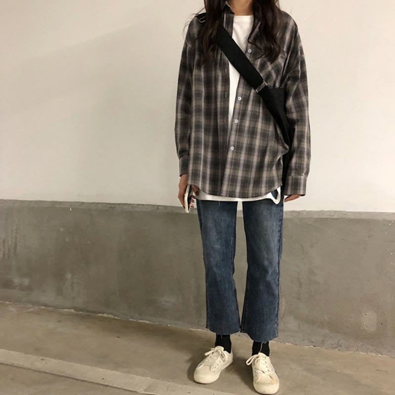 如熙格子衬衫女韩范宽松原宿风薄外套百搭学生长袖衬衫图片