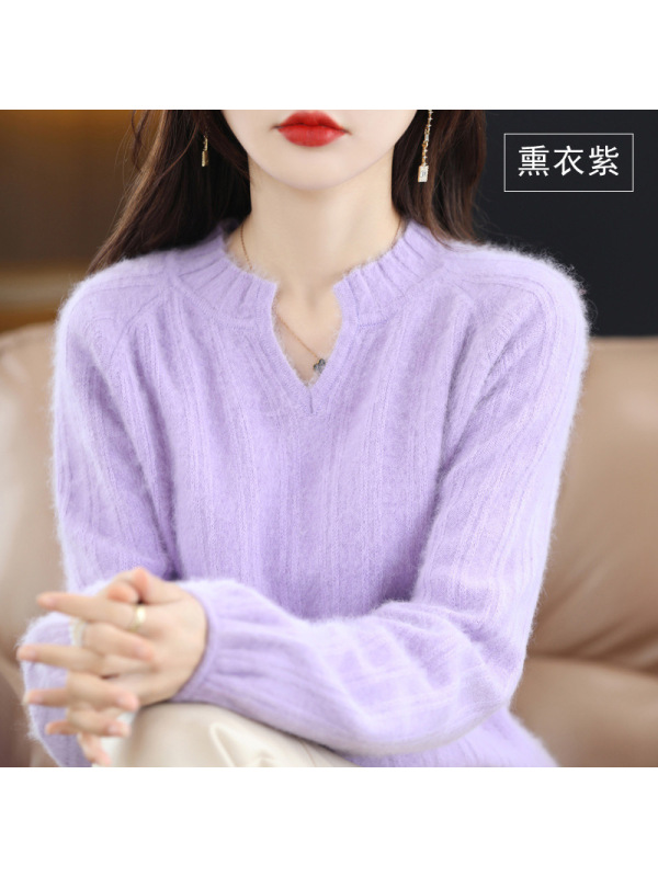 秋冬新款貂绒毛衣女v领宽松短款纯色灯笼袖羊毛打底衫针织衫