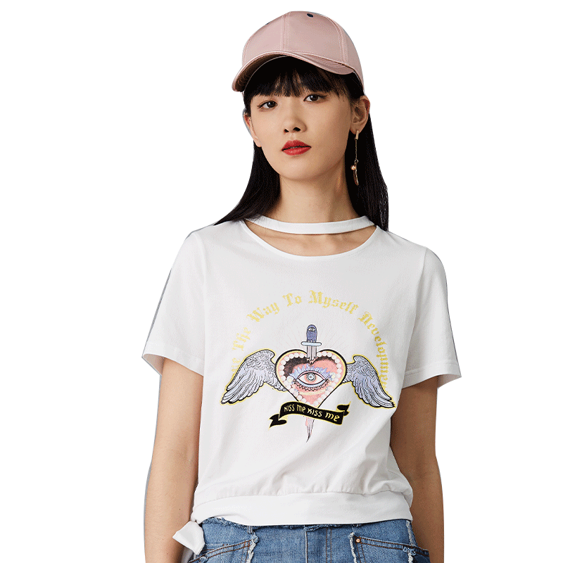 马克华菲女装2020年春夏新款短款收腰白色t恤女洋气清新少女内搭