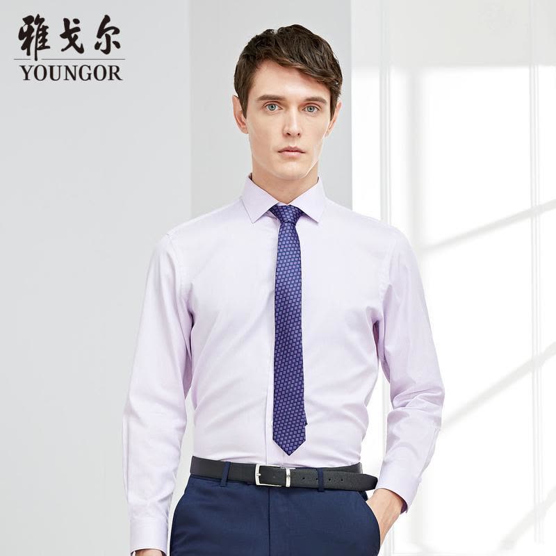 Youngor/雅戈尔男装商务正装棉真丝 修身剪裁 素雅条纹白底紫条衬衫027LBY图片