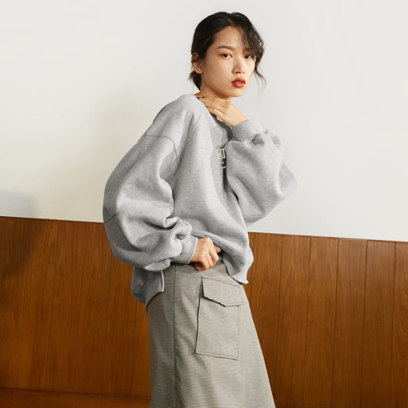 森宿Y套头落肩袖加绒卫衣女秋冬装2018新款短款圆领加厚拼接上衣