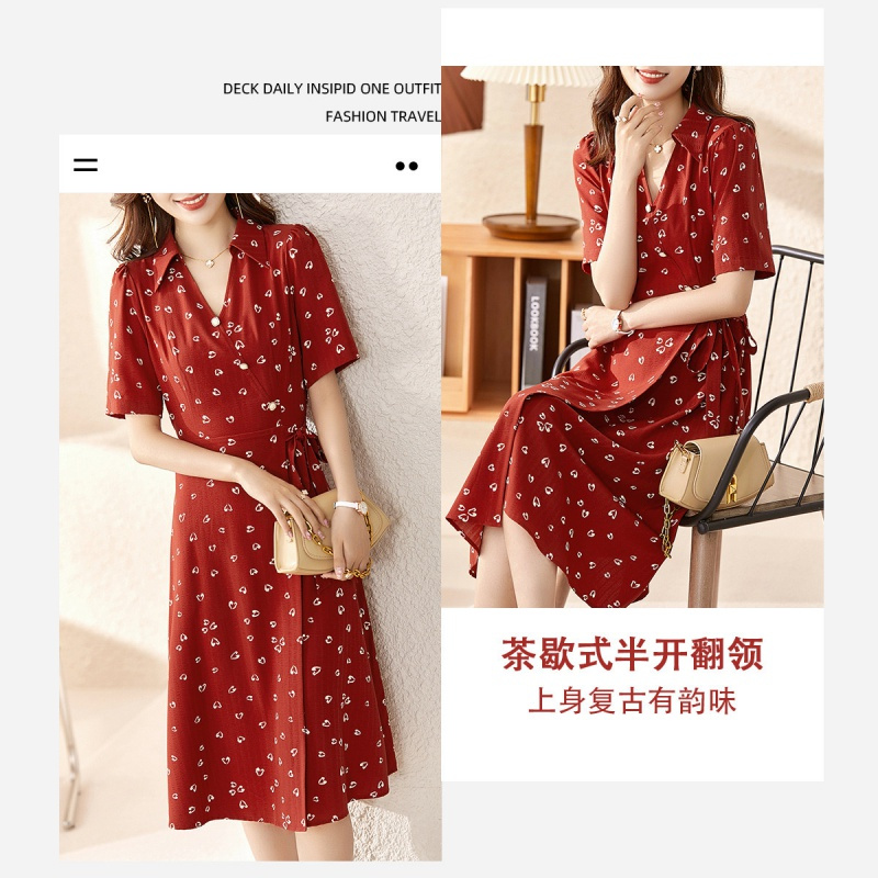 OUNIXUE欧昵雪 | [时尚爱心茶歇裙]夏季复古半开翻领系带装饰A字连衣裙女
