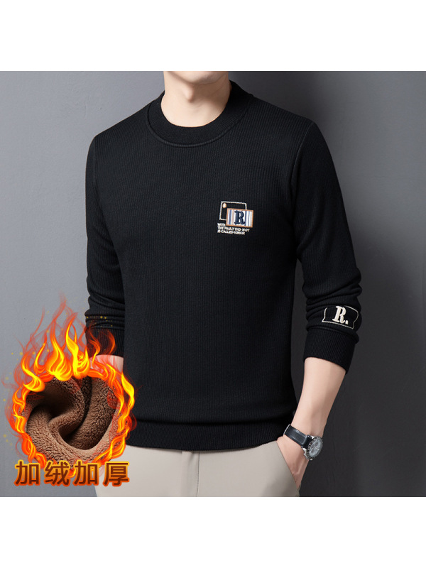 加绒毛衣男士圆领套头休闲刺绣加厚保暖打底男士针织衫