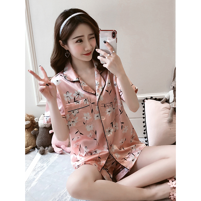 蓝旗BLUEG 夏季短袖短裤仿真丝印花两件套睡衣休闲家居服 双短套装LT粉小花短袖