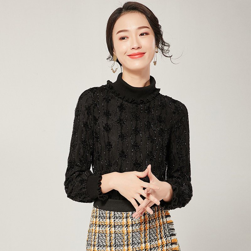 欧昵雪秋冬季半高领木耳边长袖修身显瘦亮丝蕾丝衫女上衣