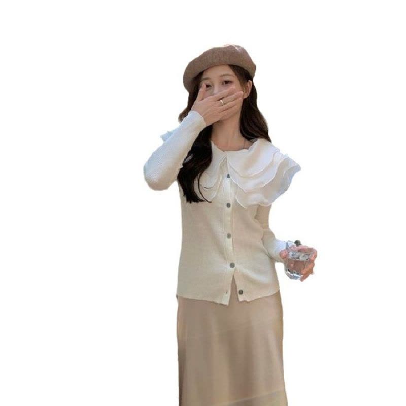 chic甜美温柔针织开衫女薄款娃娃领毛衣长袖荷叶边领拼接修身上衣图片