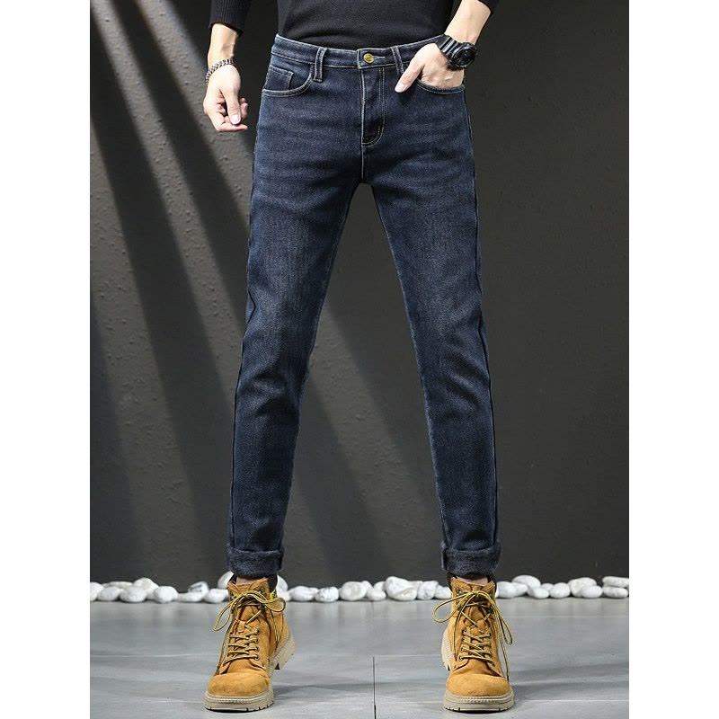 欧货牛仔裤男春秋加绒舒适弹力修身直筒裤男士新款百搭舒适休闲裤图片