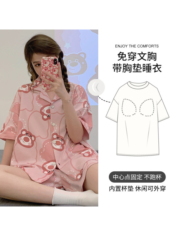 带胸垫夏季女仿棉开衫短袖宽松加大码翻领韩版卡通休闲家居服套装
