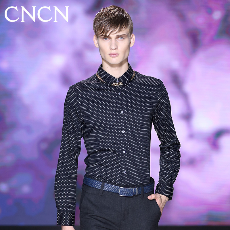 CNCN男士长袖衬衫 修身波点时尚休闲衬衫拼接经典舒适小尖领|NCCJ3586