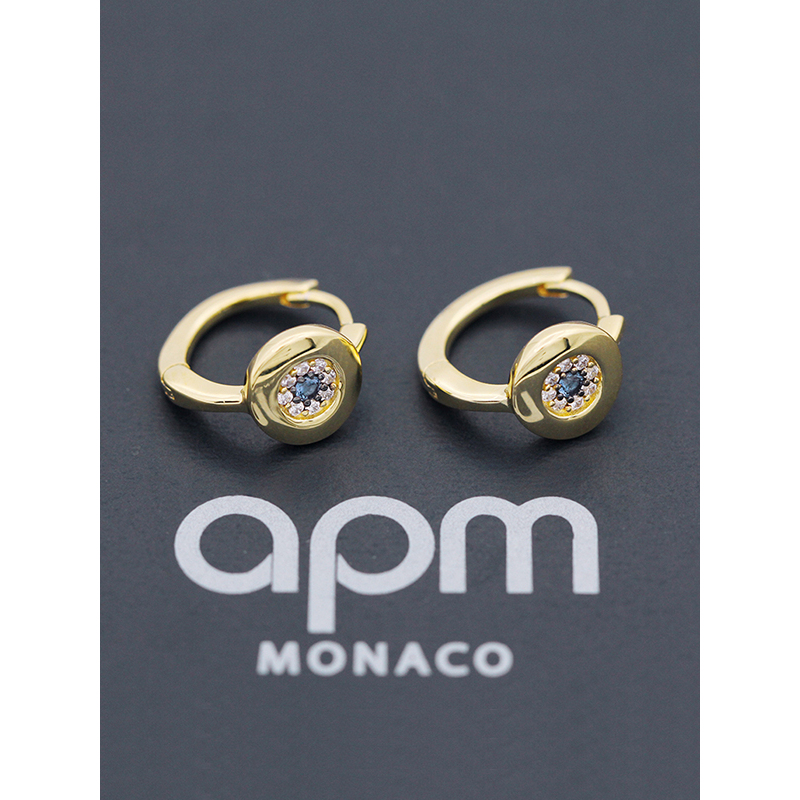 【apm MONACO】金黄色镶蓝晶钻幸运眼睛耳环925银耳饰时尚女饰穿孔耳坠创意潮流