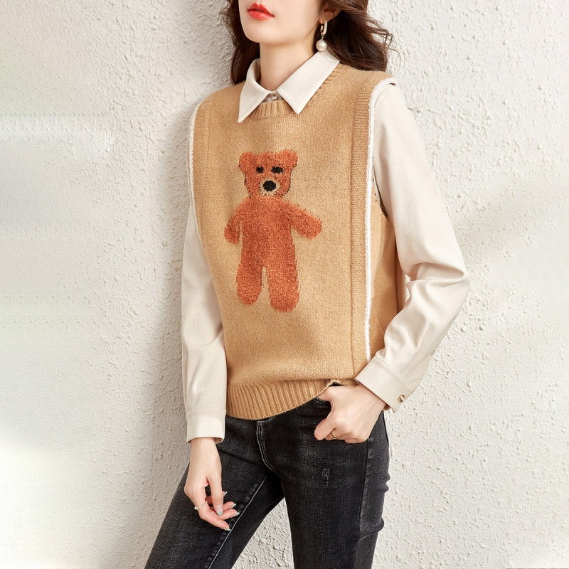 ounixue欧昵雪小熊图案毛衣背心秋冬季减龄圆领撞色宽松无袖针织衫