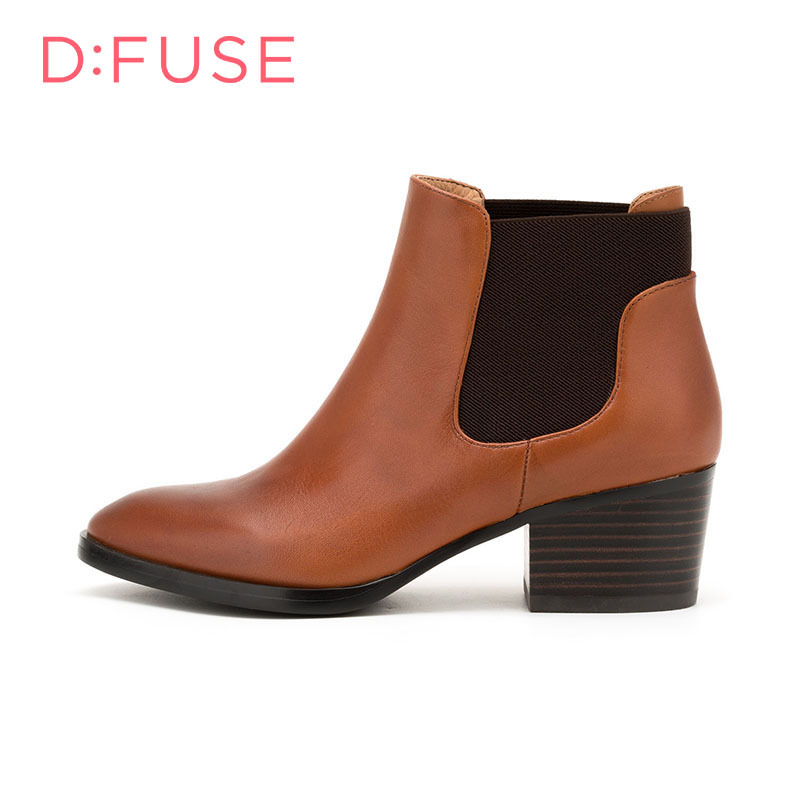 D：Fuse/迪芙斯切尔西短靴秋冬牛皮方头高跟女鞋DF64117001_EXB73
