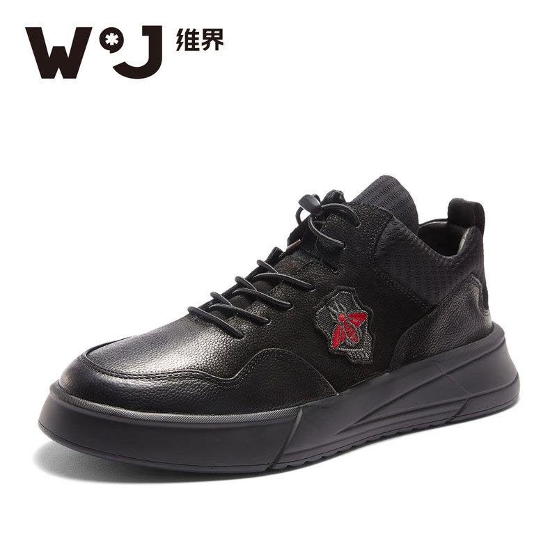 维界男鞋韩版精神小伙鞋真皮休闲鞋潮运动个性港风低帮黑色板鞋潮图片