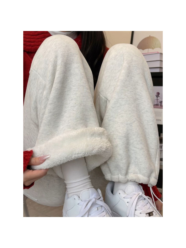 羊羔绒加绒运动裤女秋冬季加厚棉裤外穿束脚卫裤宽松小个子阔腿裤