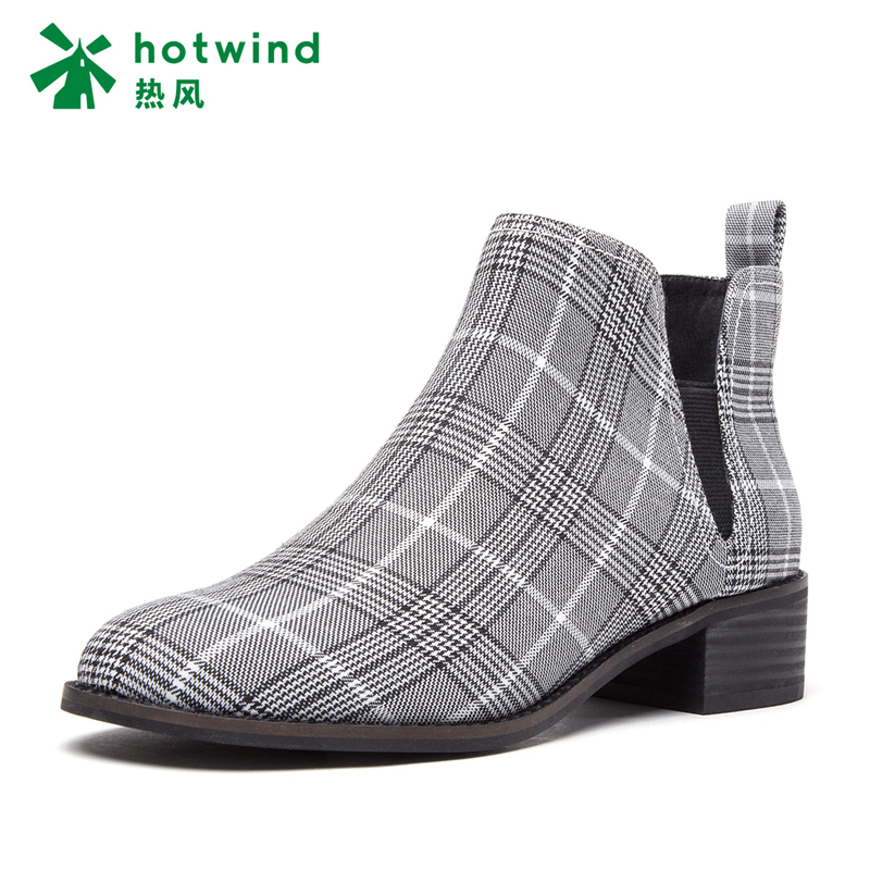 热风hotwind冬款时尚粗跟女士格纹短靴圆头休闲切尔西靴时装靴H82W7443