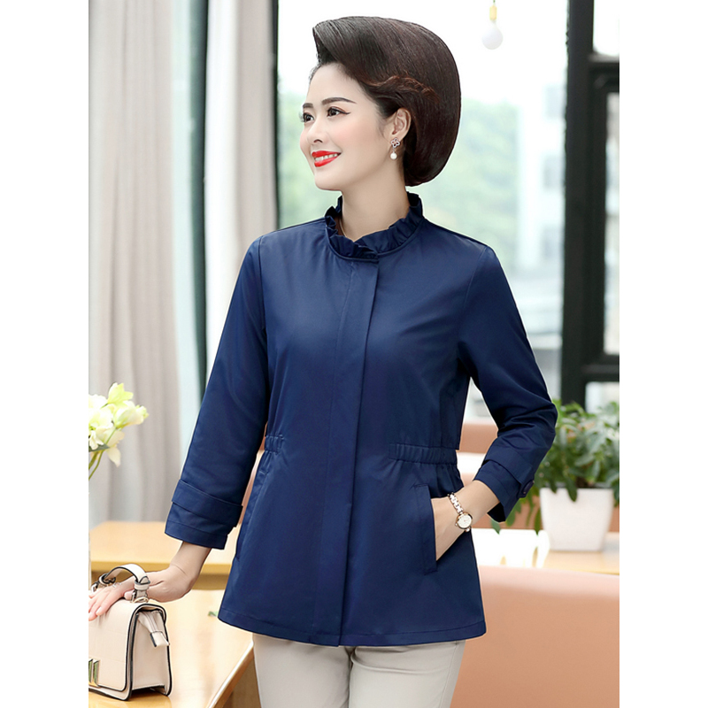 蓝旗女士衬衣宝蓝色上衣系带修身立领真丝衬衫中老年长袖设计款