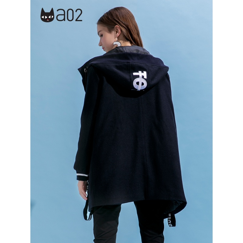 a02新款潮流刺绣印花字母飘带中长款毛呢外套女DTU5B0351CT