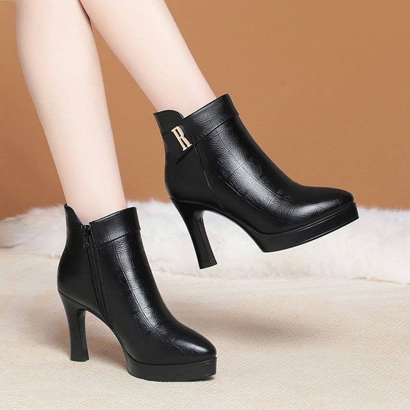 高跟短靴女秋冬季新款时尚百搭厚底防水台加绒棉鞋防滑女士单靴子图片