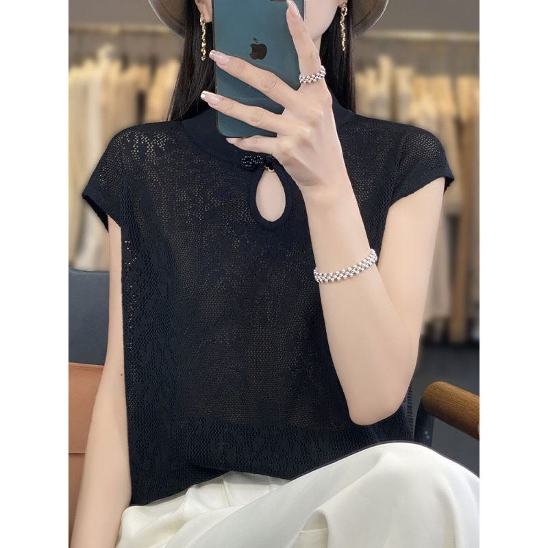 复古镂空提花薄款短袖T恤女夏季新款中国风盘扣旗袍领短袖女