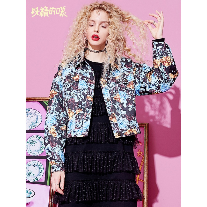 妖精的口袋2019新款女装春装印花韩版宽松港味短款小香风外套女