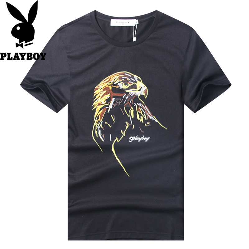 花花公子(PLAYBOY)短袖T恤男夏季新款个性印花时尚黑色青年圆领衣服男士 潮