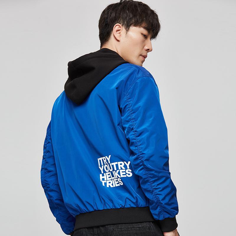 才子男装棒球领夹克男2020春秋季新款印花时尚潮流飞行员蓝色外套