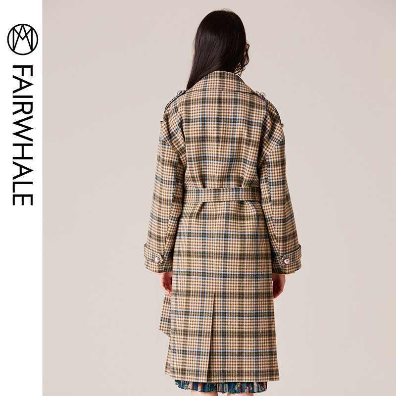 马克华菲女装2019冬经典格纹毛呢大衣中长款英伦风显瘦大衣