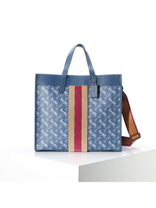 20新款 COACH 马车图案印花和VARSITY条纹托特包单肩手提包40x35x19CM