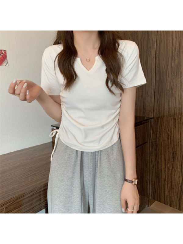 设计感V领抽绳修身纯欲风短袖T恤女装夏季新款纯色学生上衣潮