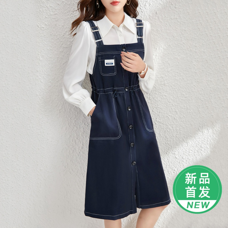 OUNIXUE欧昵雪 | 春中长款牛仔裙子抽绳收腰可调节背带裙休闲百搭连衣裙女