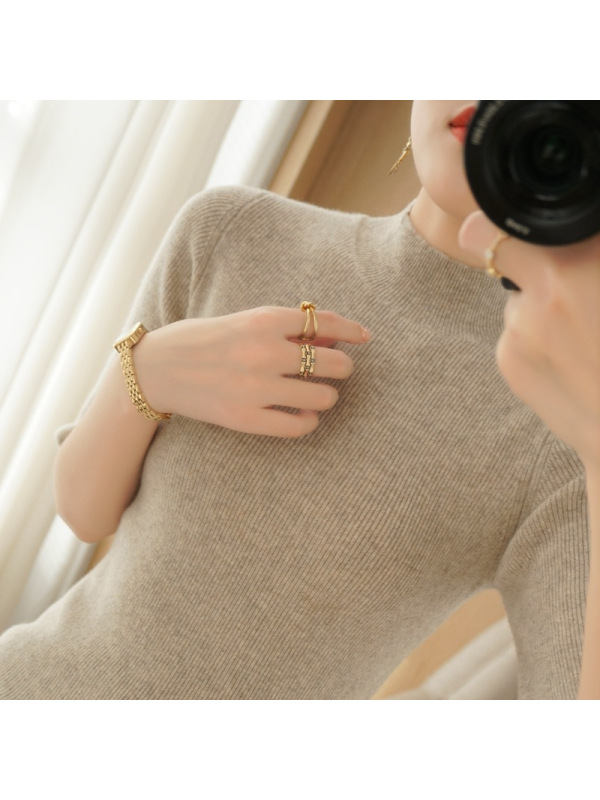 简约气质中袖上衣女修身半高领针织短袖中领半袖黑色五分袖打底衫