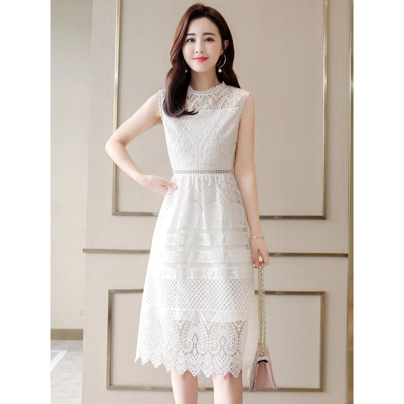 丝柏舍2019夏装女纯色无袖修身蕾丝镂空中款连衣裙S82B1532L