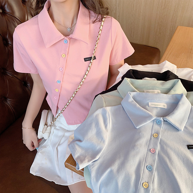 6535棉 夏季新款polo衫短袖T恤女修身高腰翻领短款学生上衣潮