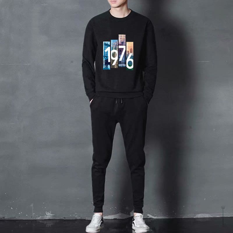 新款男士休闲套装春秋韩版帅气潮流时尚运动印花衣服图片