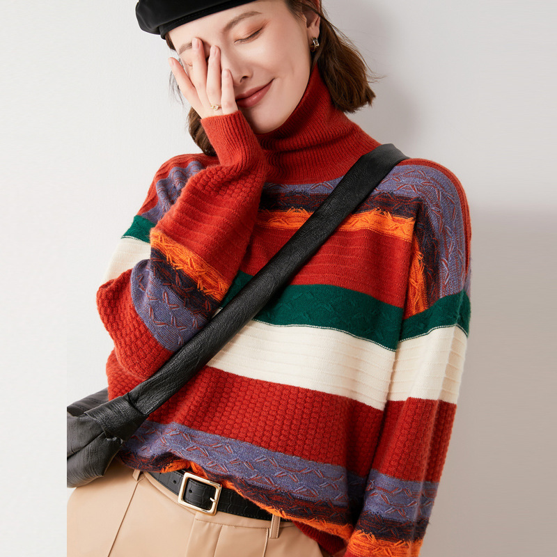 21新款拼色打底衫女堆堆领长袖宽松拼接毛衣套头上衣休闲针织衫