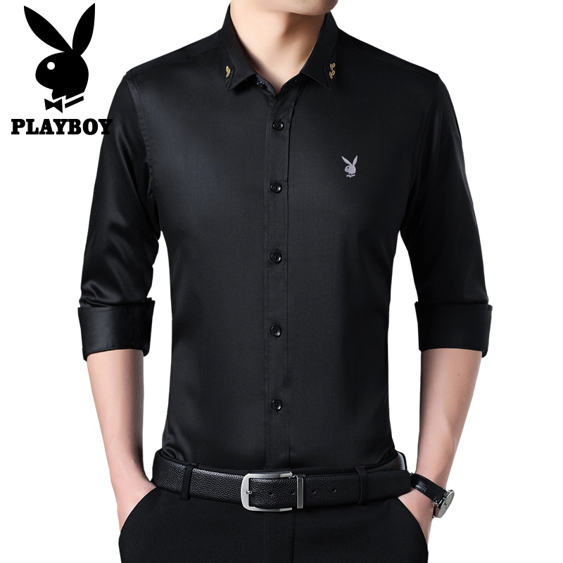 花花公子PLAYBOYJEANS长袖衬衫2018秋冬新品 商务休闲修身上衣潮流印花衬衣