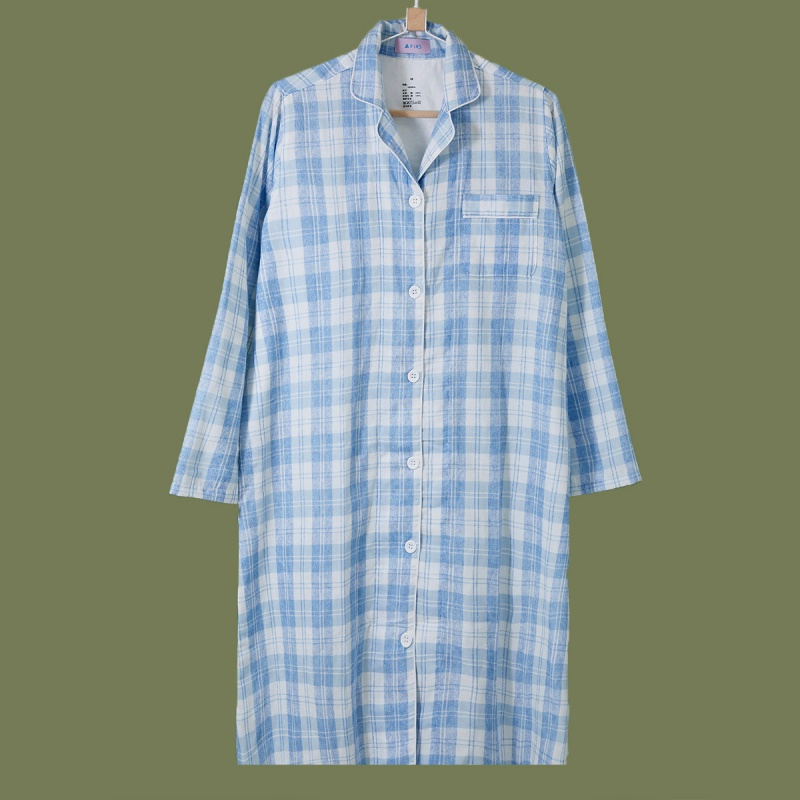 杉杉【时尚格纹】纯棉透气翻领睡衣女中长款睡裙女士家居服可外穿