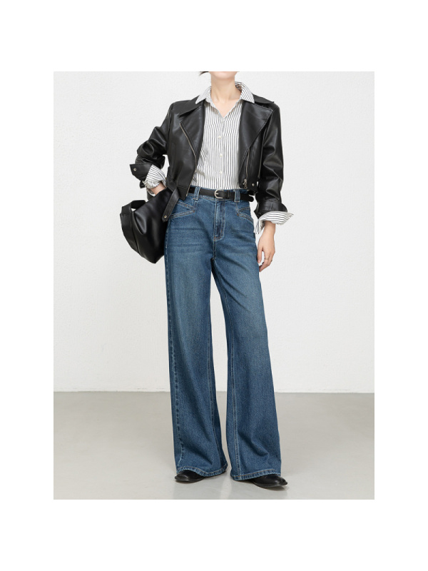 年秋季新款韩版牛仔阔腿裤高腰柔软弹力绣花拖地长裤