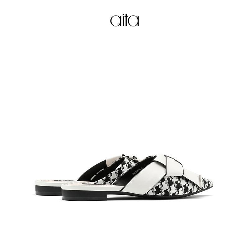 aita艾塔春季新款格子布拖鞋尖头女鞋子平底平跟鞋休闲拖鞋子