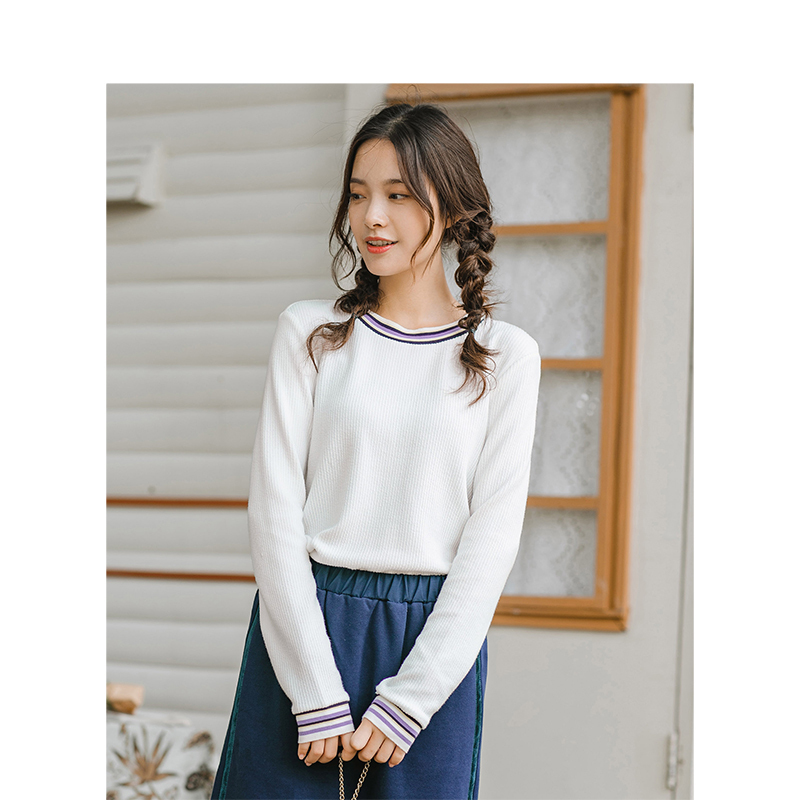 茵曼2018冬装新款圆领条纹宽松休闲文艺长袖T恤女