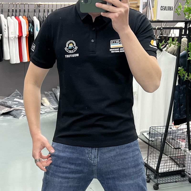 夏季新款男士短袖Polo衫T恤男翻领刺绣徽章时尚修身珠地棉上衣潮