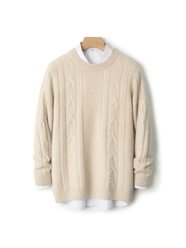 重磅三股加厚羊毛衫男士圆领麻花毛衣长袖套头提花宽松针织打底衫