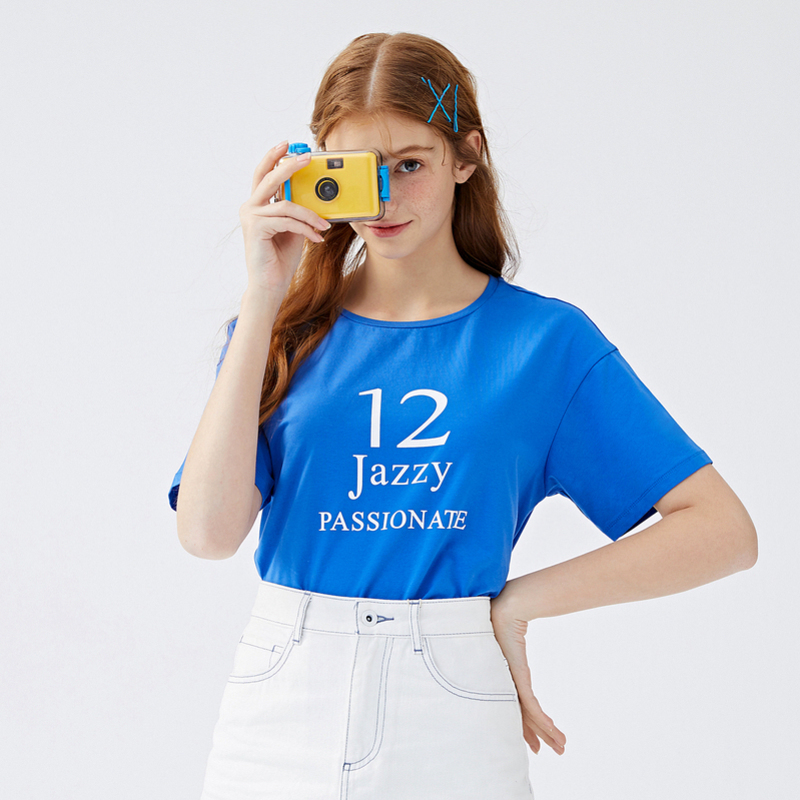 【满198减100预估价：21】森马夏季新款短袖T恤女落肩袖印花上衣潮流紫色上衣女设计感