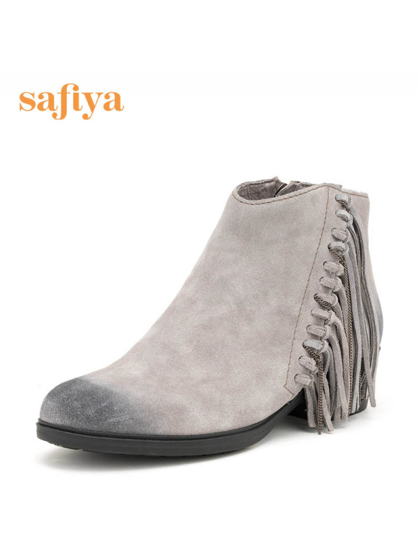 Safiya/索菲娅新款复古流苏尖头粗跟短靴女靴子SF64115048