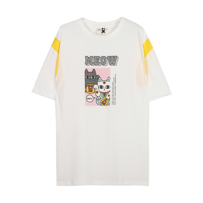 a02新款2020玩趣猫卡通印花撞色拼接短袖圆领T恤女DTV2C0091KT