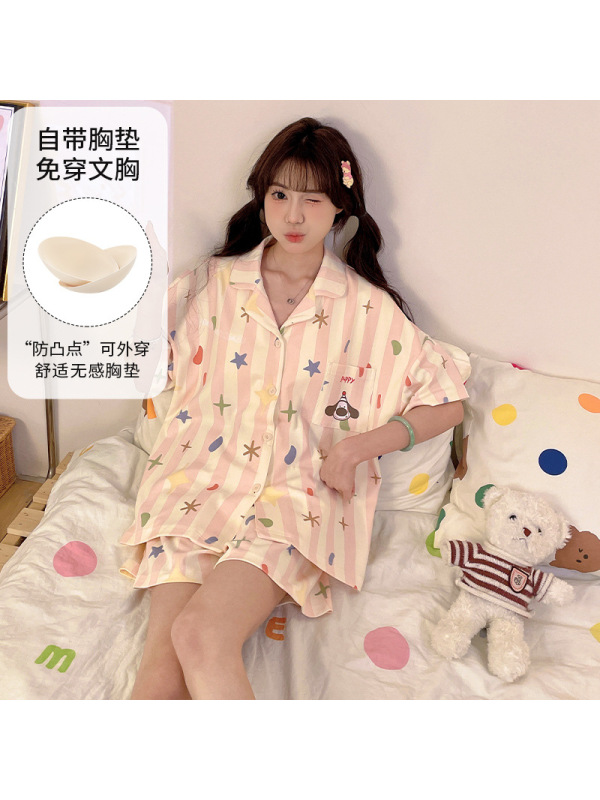 带胸垫夏季女仿棉开衫短袖宽松加大码翻领韩版卡通休闲家居服套装
