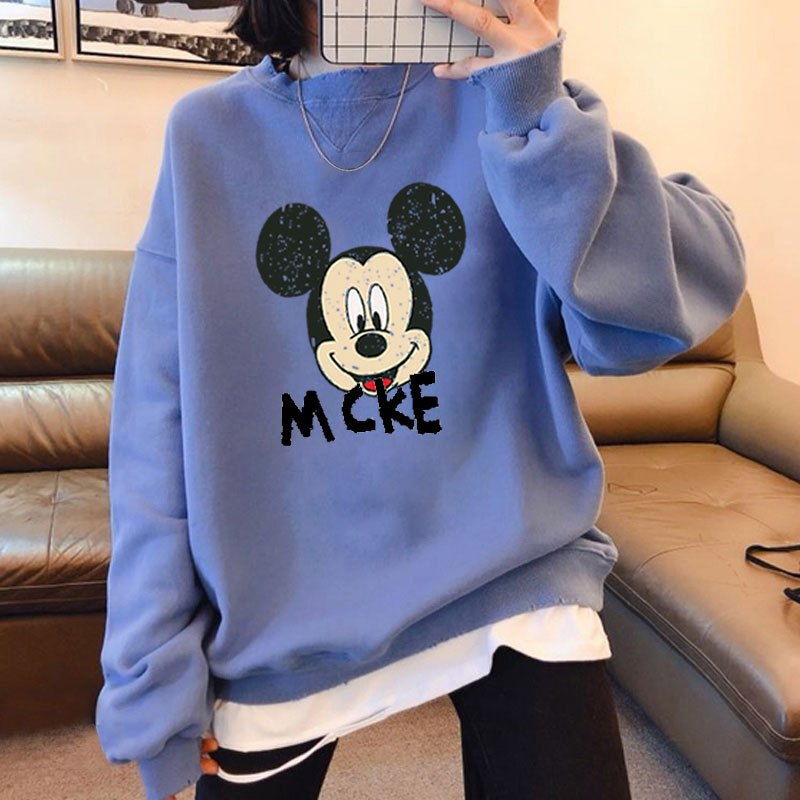 【comeacross】长袖圆领卫衣女装破洞撞色拼接假两件上衣米奇印花2020