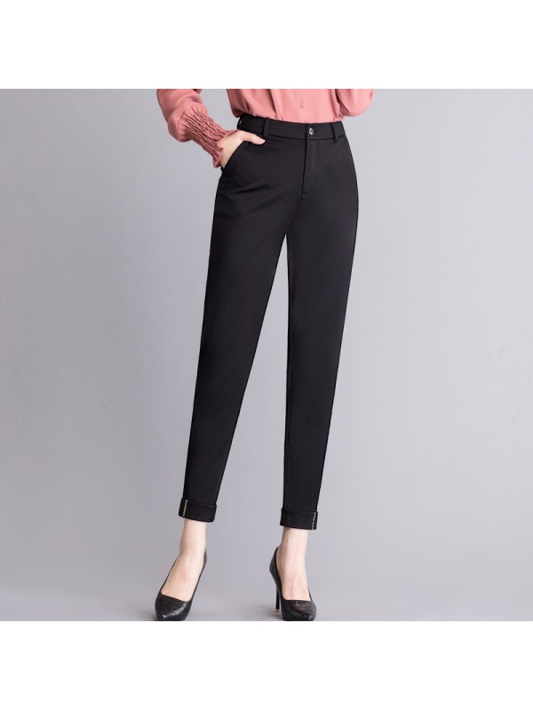 恒源祥高腰哈伦裤春季九分萝卜裤2019女裤黑色裤子宽松休闲裤条纹